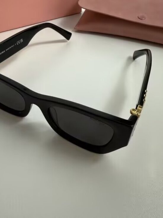 Miu Miu Black Rectangular Sunglasses with Gold Accents